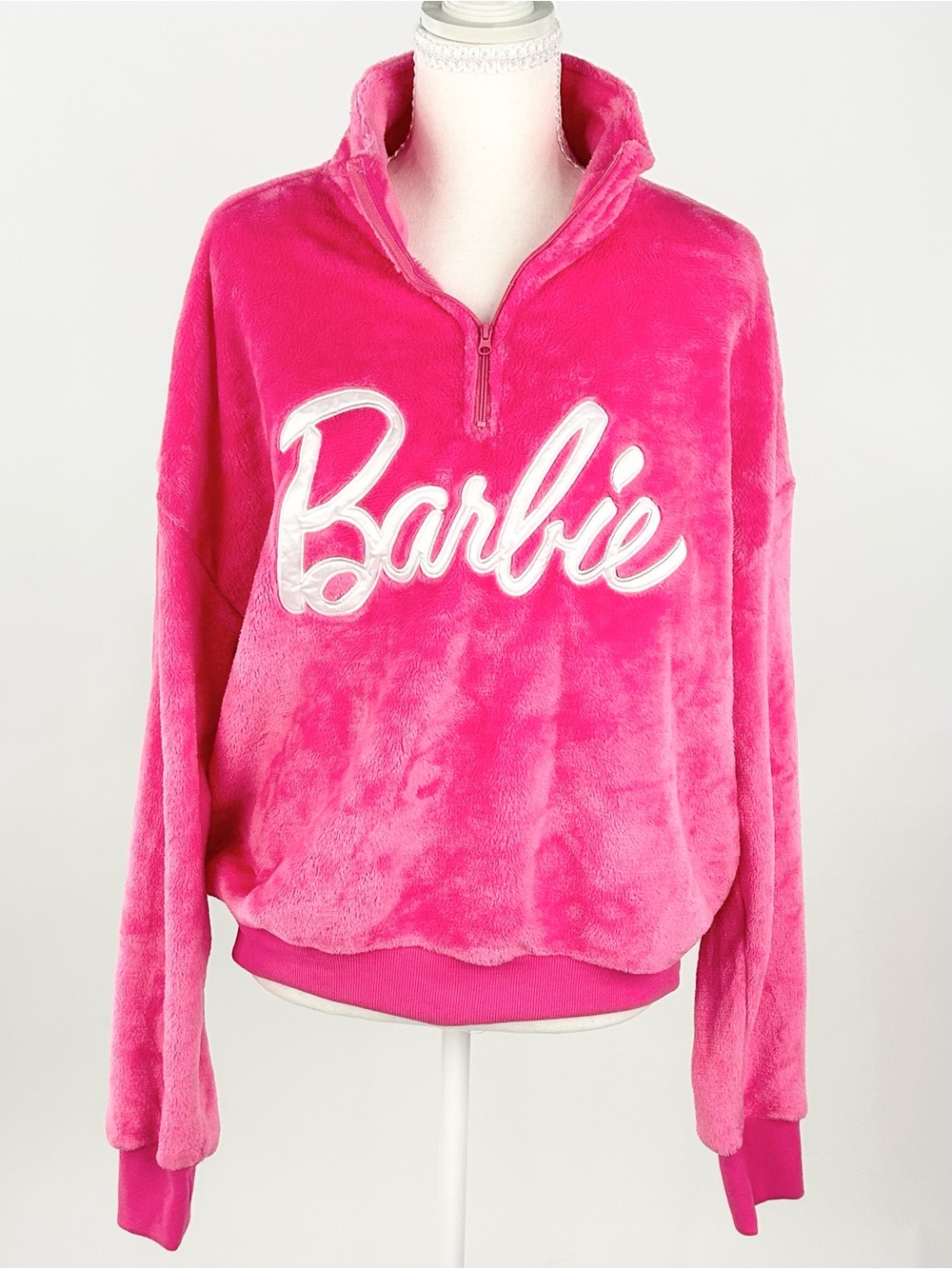 Barbie Hot Pink Plush Fleece Quarter Zip Pullover Sweatshirt Large Logo